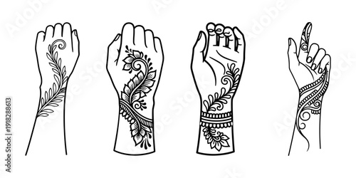 Detailed henna tattoo illustrations with traditional floral patterns for Eid beauty salon branding and posters