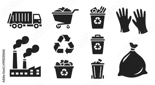 Vector set of black icons representing recycling concepts, waste disposal systems, sustainable sorting, and modern environmental protection solutions for business.