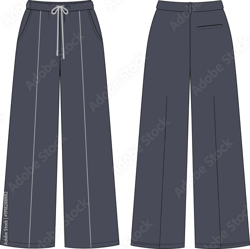 Wide leg casual pants front and back view, flat vector fashion sketch, cad drawing, drawstring waist, technical apparel design