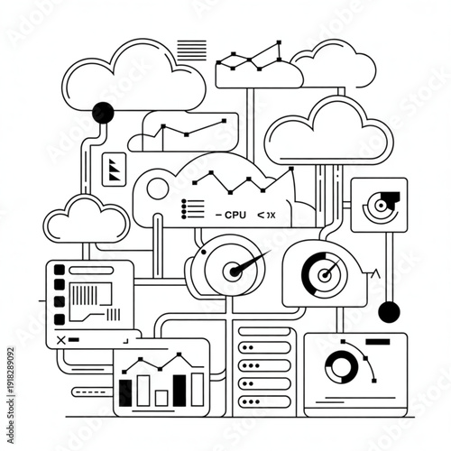 Monochrome Line Art Illustration of Cloud Computing Network with Data Analytics and Server Icons