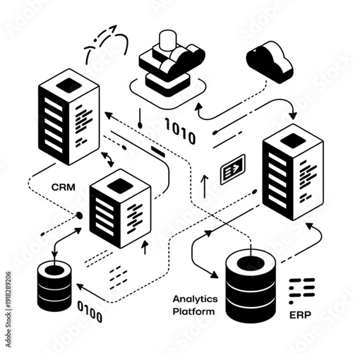 Isometric black and white diagram illustrating complex data flow between servers, databases, and cloud services.