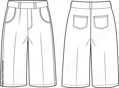 Wide leg denim shorts front and back view, pocket detail, waistband design, casual style, CAD drawing flat vector illustration