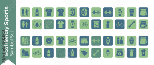 Vector Icon Set of 40 Eco-Friendly Sports and Fitness Items in Flat Design. Duotone Color Scheme Featuring Sustainable Gym Gear, Yoga Mats, Bicycles, Dumbbells, and Recycled Water Bottles.