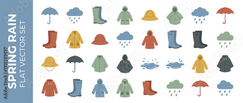 Set of 24 Flat Vector Icons for Spring Rain Gear in a Muted Editorial Palette; Features Umbrellas, Raincoats, Slickers, Rubber Boots, Rain Clouds, Puddles, and Hats Arranged in a Neat Grid Layout.