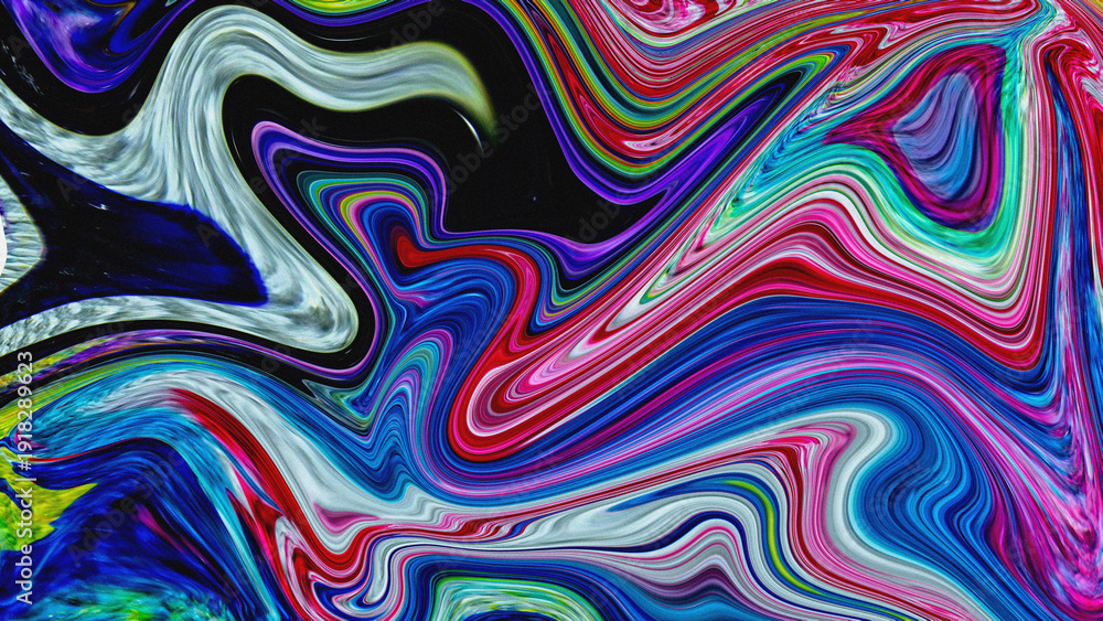 Fototapeta premium Iridescent fluid art texture with neon pink blue and black marbleized paint flow pattern