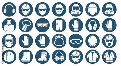 Vector set of blue circular symbols representing essential safety gear, industrial protection, workplace security, and occupational health and safety standards.
