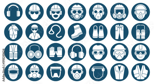 Vector set of blue circular symbols representing essential safety gear, industrial protection, workplace security, and occupational health and safety standards.