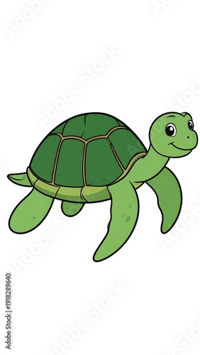 A cartoon turtle with a green shell and a smiling face against a white background