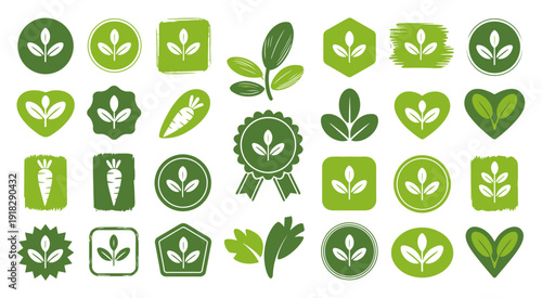 Vector set of green organic labels and natural symbols for sustainable packaging, healthy lifestyle branding, and environmental conservation.