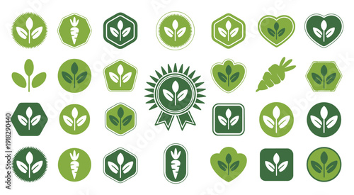 Vector set of green organic labels and natural symbols for sustainable packaging, healthy lifestyle branding, and environmental conservation.