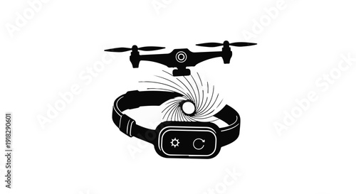 Drone flying over virtual reality VR headset with motion graphics, modern technology concept, futuristic device, innovation, tech
