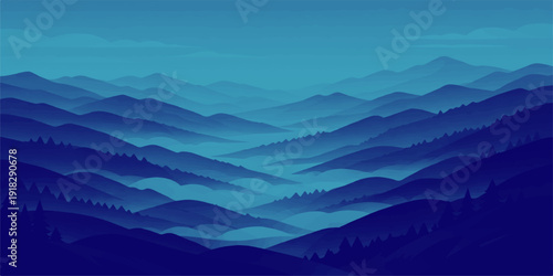 A majestic mountain landscape features snow-capped peaks and a misty forest valley under a vibrant sunrise sky where soft clouds drift over the tranquil blue alpine nature at dawn