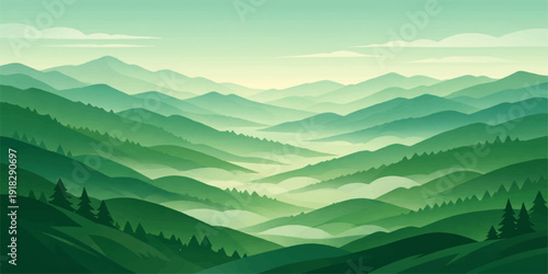 A serene blue mountain landscape at sunset features a misty valley with forest silhouettes and snow-capped peaks under a cloudy sky