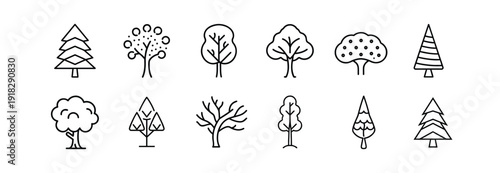 Trees and nature outline icon set with pine tree, oak, fir, forest vegetation, poplar, palm, deciduous and winter naked tree symbol, garden landscape and more vector illustration with editable stroke.