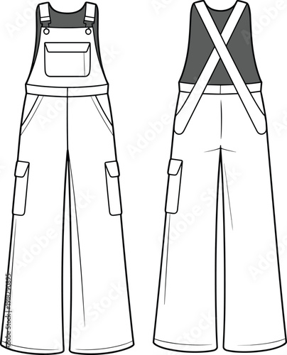 Wide leg overalls technical sketch, front and back cad illustration for digital fashion design, vector apparel template with pockets, straps