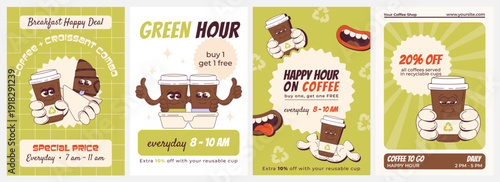 Coffee Happy Hour Posters Set. Cute Recyclable To-Go Cups, Eco-Friendly Discounts, Breakfast Combo, Groovy Vector Illustrations
