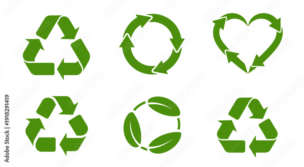 Obraz premium Green vector recycling symbols featuring classic circular arrows and heart shapes to represent environmental care, waste management, and organic lifestyle branding.