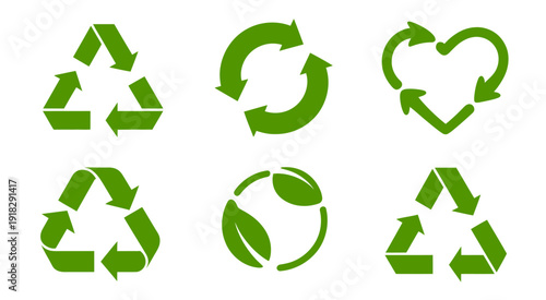 Green vector recycling symbols featuring classic circular arrows and heart shapes to represent environmental care, waste management, and organic lifestyle branding.