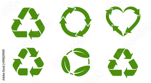 Green vector recycling symbols featuring classic circular arrows and heart shapes to represent environmental care, waste management, and organic lifestyle branding.
