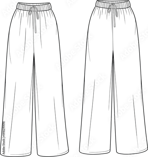 Wide leg pants flat sketch, elastic waistband with drawstring, front and back CAD illustration, casual loose fit fashion vector