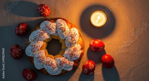 Traditional easter sweet bread with white icing and colorful sprinkles on round plate surrounded by red painted eggs and lit candle on linen tablecloth top view. 