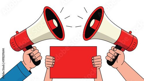 Vector illustration of hands holding megaphones and a red sign from a front viewpoint