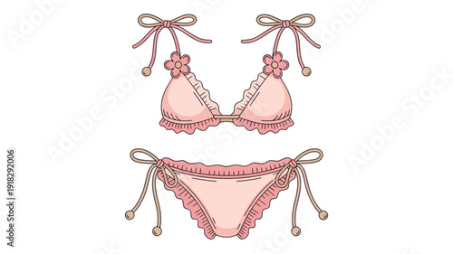 A flat minimalist illustration of a women's pink bikini set displayed against a neutral background from a front viewpoint showcasing feminine fashion