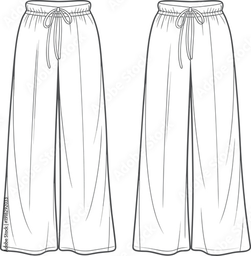 Wide leg pants flat sketch, fashion cad, front and back view, drawstring waist, lounge trousers, technical vector illustration