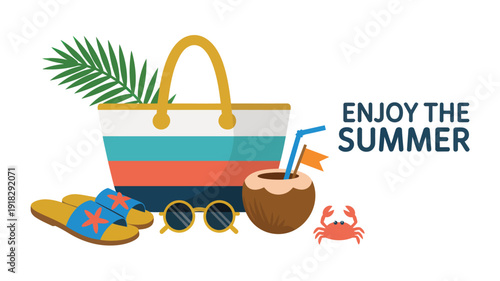 Minimalist illustration of summer accessories with striped beach bag and sunglasses on a flat surface