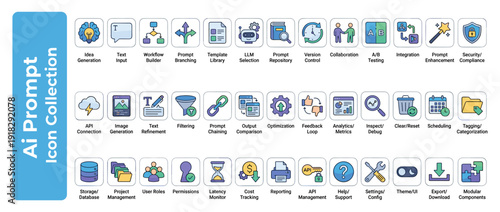 Set of 40 AI Prompt Engineering and Workflow Management Vector Icons. Flat Design Graphics for LLM Selection, Prompt Chaining, API Integration, Analytics, Security, Compliance, and Automation.