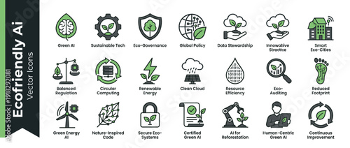 20 Ecofriendly AI and Sustainable Technology Vector Icons. Flat Design Elements for Green Governance, Renewable Energy, Circular Computing, Smart Eco-Cities, and Ethical Data Stewardship Graphics.