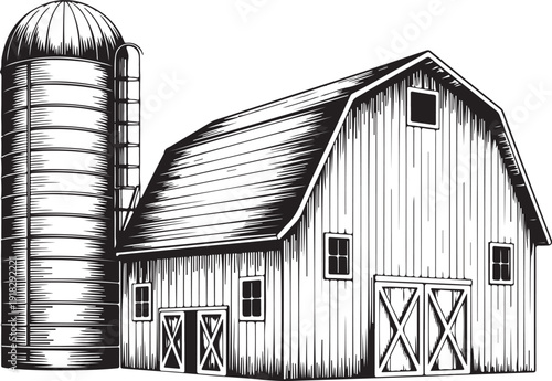Agricultural Barn with Silo Monochrome Design