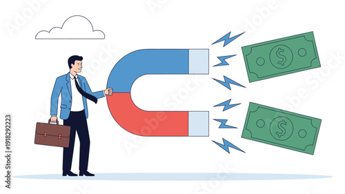 A businessman attracts money with a giant magnet in a simple flat design illustration from a straightforward viewpoint