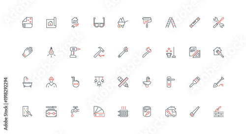 Home renovation, construction and design improvement line icon set. Materials and equipment of maintenance and repair worker, diy tool of toolbox thin black and red outline symbols vector illustration