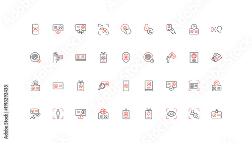 ID card, identity and personality identification with documents, biometric scan line icon set. Face and fingerprint recognition to access thin black and red outline symbols vector illustration