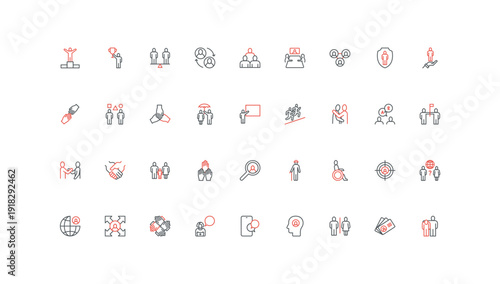 Community of people, family and business company team member, partnership and charity organization line icon set. Hand of help, relationship thin black and red outline symbols vector illustration