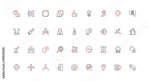 Technology of future, digital innovation and AI line icon set. Satellite and router, robot production and drone, intelligent artificial brain thin black and red outline symbols vector illustration