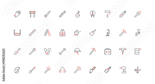 Construction site worker hand tools, hardware of toolbox, work safety equipment line icon set. Helmet and glove, vest, mask of contractor builder thin black and red outline symbols vector illustration