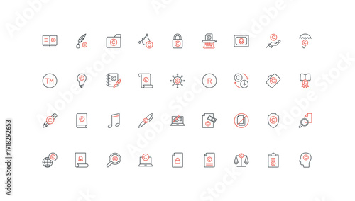 Copyright, intellectual property and trademark, original document, idea creation and content protection with law line icon set. Patent, license thin black and red outline symbols vector illustration