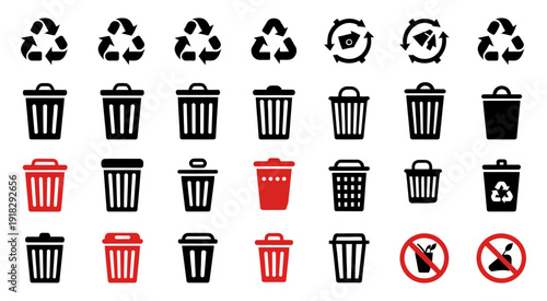Professional black and red vector icons for recycling bins, trash disposal, sustainable waste sorting, and environmental cleanliness symbols for business.
