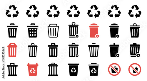 Professional black and red vector icons for recycling bins, trash disposal, sustainable waste sorting, and environmental cleanliness symbols for business.