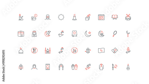 Islam religion and culture, mosque and religious prayers, holiday and fasting line icon set. Tradition of ablution, zakat and charity, Hajj thin black and red outline symbols vector illustration