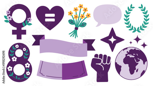 Collection of feminist icons and symbols representing equality, empowerment, and global unity in a modern graphic design