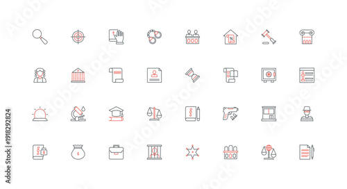 Justice law, court legal with judge lawyer, attorney and prosecutor line icon set. Juridical document, criminal in jail prison and evidence thin black and red outline symbols vector illustration