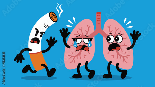 A cartoon illustration of a cigarette and unhappy lungs on a blue background, depicting the harmful effects of smoking on health from a humorous viewpoint.