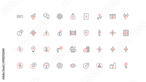 Electric lightening and energy, electricity voltage and lightning thunder bolt line icon set. Eco power plant, warning signs, cost increase thin black and red outline symbols vector illustration