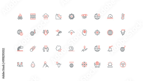 Natural disasters and catastrophe, global risk and damage line icon set. House in flood and earthquake, fire in forest and landslide, drought thin black and red outline symbols vector illustration