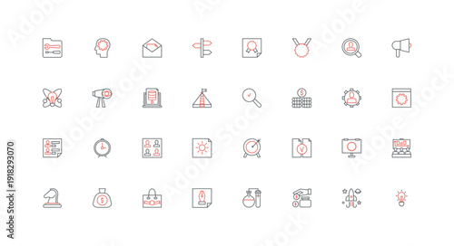 New project development, marketing strategy and startup rocket launch line icon set. Search for talent employee and idea, achievement process thin black and red outline symbols vector illustration