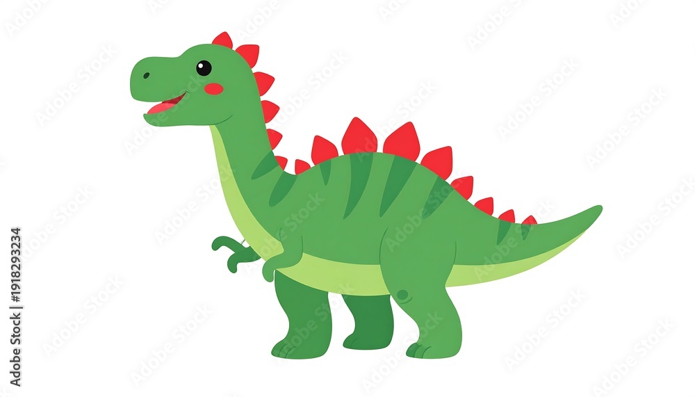 Obraz premium Cartoon Stegosaurus. Green body, red plates. Cute cartoon dinosaur standing on two legs, isolated on white