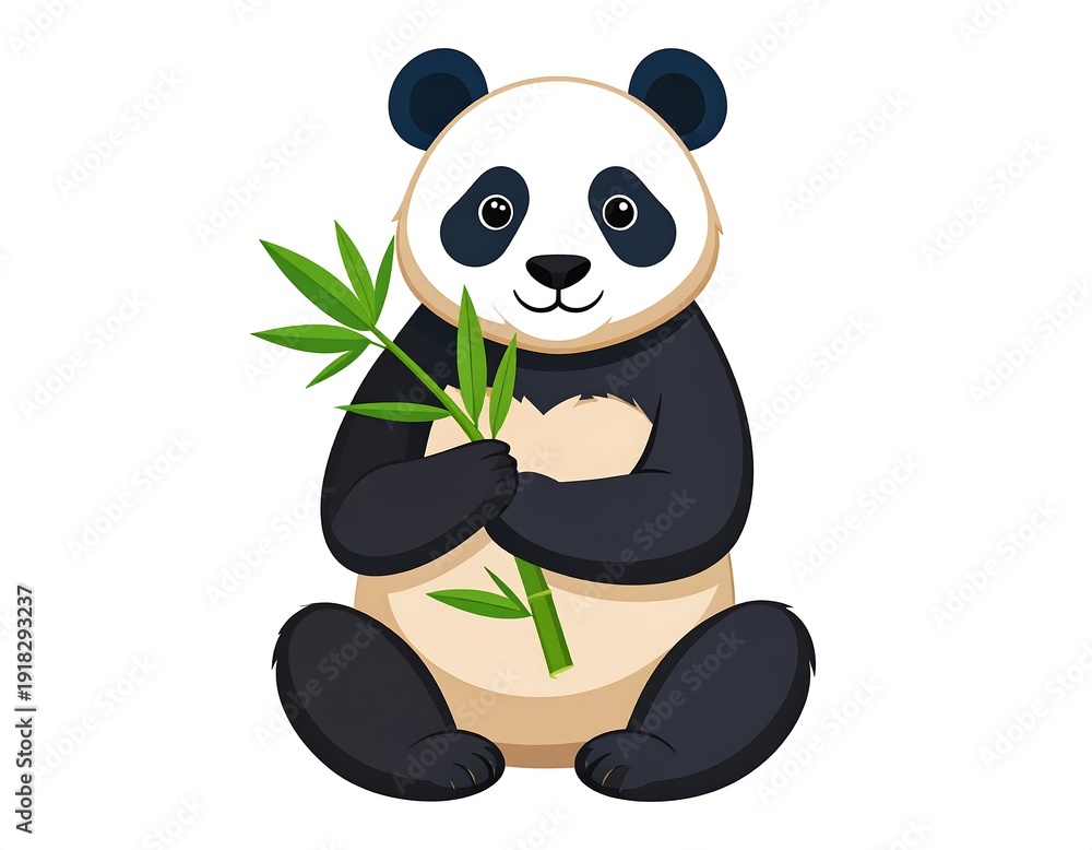 Obraz premium Cartoon panda sitting, clutching green bamboo shoots, with black & white fur and a sweet, cartoonish face